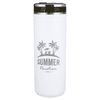 A drink bottle in white with a black lid, featuring a logo depicting palm trees and holiday themes.