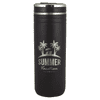 A drink bottle made of plastic, featuring a matte black finish, with a silver lid and a logo design.