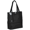 A black cooler bag with dual handles and a zippered section, designed to hold 25-50 cans. Features a logo.