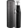 A drink bottle with a silver lid is displayed alongside a black, speckled tube gift box.