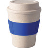 A drink bottle featuring a cream-coloured body with a blue silicone grip, designed as a reusable coffee cup.