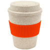 A drink bottle made of bamboo mix with a textured orange silicone band and a light speckled cream body.