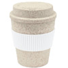 A drink bottle in a light brown bamboo mix material with a white ribbed sleeve and a matching lid.