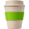 A reusable coffee cup in a speckled beige colour with a green silicone band. It has a simple design and a logo.