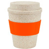 A reusable bamboo coffee cup in a speckled beige colour, featuring an orange silicone band and a matching lid.