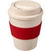 A drink bottle featuring a speckled cream body and a red silicone grip, designed as a reusable coffee cup.