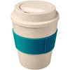A drink bottle featuring a cream-coloured exterior and a teal silicone grip, made from a bamboo mix material.