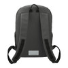 A dark grey backpack with padded shoulder straps and a logo. Made from recycled plastic materials.