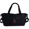 A black duffle bag with sturdy handles, features a front pocket and has a logo on the side. Ideal for sports or travel.