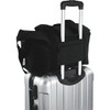 A black recycled canvas sports bag sits atop a silver suitcase, featuring a logo and sturdy handles.