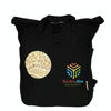 A black recycled canvas backpack tote featuring a round pattern and a logo. The bag has two sturdy handles.