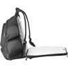A black checkpoint-friendly backpack with multiple compartments and a flat opening for easy access. 