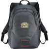 A black backpack with various compartments and a logo. It features padded shoulder straps and a sleek design.