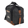 A drink bottle cooler bag in grey with brown accents, featuring a shoulder strap and a bottle opener attachment.