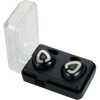 A pair of black true wireless Bluetooth earbuds in a transparent case with a black base.