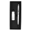 A sleek silver pen and a white USB drive in a black gift box. Ideal for office or business use.
