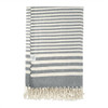 A striped throw blanket in grey and cream, featuring a fringed edge and a small logo.