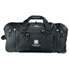 A black wheeled duffel bag with multiple compartments and a logo on the front.