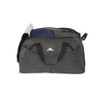 A grey duffel bag with a blue and grey top compartment, featuring two side pockets and a logo.