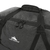A black duffel bag with a textured finish, featuring zippers and a logo. Ideal for carrying personal items.