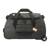 A wheeled duffel bag in black and grey with a logo, featuring sturdy handles and a large zippered compartment.