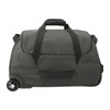 A wheeled duffel bag in grey fabric with dual top handles and a single wheel for mobility.
