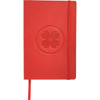A red soft bound journal with an embossed flower design and an elastic band closure.