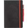 A black journal with a red elastic band and a matching pen holder, featuring a sleek design and a logo.