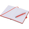 A bound journal with lined pages, featuring a bright orange cover and a matching pen. It has a bookmark ribbon.