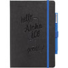A black journal notebook with an embossed design and a blue pen attached. It features a colour-coordinated elastic band.