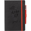 A black bound journal with embossed text and a red elastic closure. It includes a red pen attached to the side.