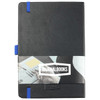 A black JournalBook with blue elastic closure and a logo, featuring a textured cover design.