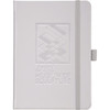 A white hard bound journal with an embossed design and elastic closure, featuring a logo on the front.