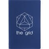 A navy blue notebook with a geometric design on the front, featuring a logo or branding.