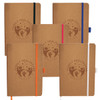A set of brown journals featuring elastic bands in various colours, with a logo embossed on the cover.
