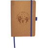 A brown journal with a blue elastic closure and a logo on the cover.