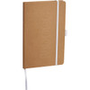 A kraft notebook featuring a white elastic band, ribbon bookmark, and embossed branding on the cover.