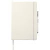 A large hard-bound journal in white with a pen holder and ribbon bookmark, featuring a logo.
