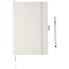 A large, hard-bound journal in white with a pen beside it, featuring a logo on the cover.