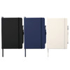 A collection of three large hard bound journals in black, navy, and white, each with a pen holder.