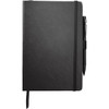A black journal with blank pages and an elastic closure, featuring a pen holder and a ribbon bookmark.