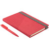A red notebook with a textured cover and grey elastic band, paired with a matching red pen.