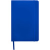A blue A5 hard cover notebook with an elastic band closure and a ribbon marker. Features branding on the cover.