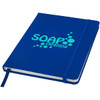 A blue hard cover notebook featuring an elastic band and a branding logo on the front cover.