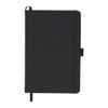 A black, leather-bound journal with a ribbon bookmark and an elastic band closure. Features a branding logo.