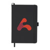 A black leather bound journal with a colourful logo on the front and an elastic band closure.