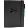 A black notebook with an elastic band closure and coloured tab dividers, featuring a logo on the front cover.
