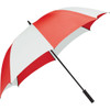 A red and white golf umbrella with a black handle and a logo. Perfect for protection against rain or sun.
