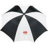 A black and white striped golf umbrella featuring a logo, with a spacious canopy for protection against the elements.