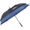 An expanding auto open umbrella featuring a black and blue design, with a handle and a logo.